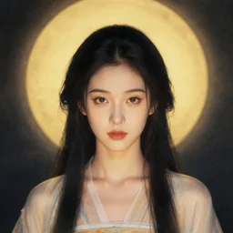 a portrait of a very beautiful goddess with halo behind her head, looking in front, in the style of WLOP and  Hsiao-Ron Cheng and Ross Tran