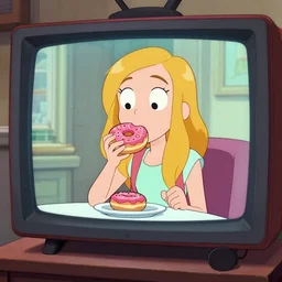 A tv that has Mabel Pines!!!!!!! from Gravity falls tv show eating a donut on the tv