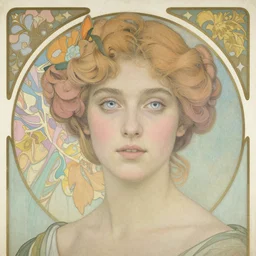 portrait of a beautiful young lady with silver eyes, colored daguerreotype by pontormo, by bosch, by mucha, by Mackintosh, art noveau, liminal, Bright pastel colors