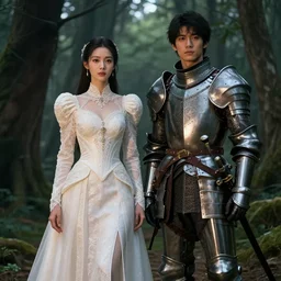 female standing in a forest and a male knight standing next to her, 8 k, cinematic lighting, global illumination, elegant, ornate, super detailed, by lee man fong and pebble tay and richard and wlop