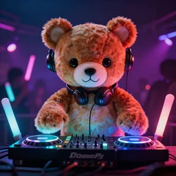 stuffed animal DJ at a rave, glowsticks, dramatic lighting, cinematic, establishing shot, extremely high detail, foto realistic, cinematic lighting, post processed, concept art, high details, cinematic, 8k resolution, beautiful detailed, photorealistic, digital painting, artstation, concept art, smooth, sharp focus, artstation trending, octane render, unreal engine