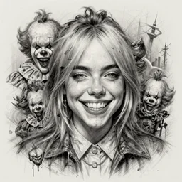 surrealism grunge cartoon sketch of billie eilish with a wide smile by - michael karcz, loony toons style, pennywise style, horror theme, detailed, elegant, intricate