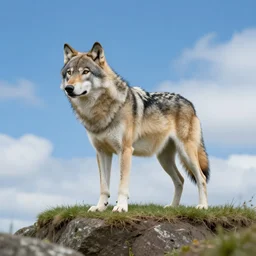 professional photograph of a wolf standing on an island, blue clouds, highly detailed, high quality, HD, 8K