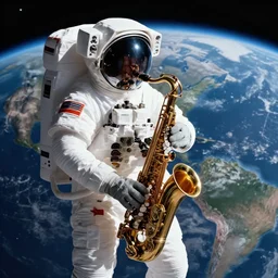 astronaut using a saxophone in space, hd, earth, realistic, detailed, award winning image