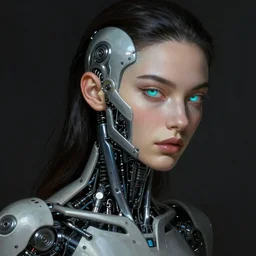 supermodel woman turning into an android portrait, dark surrealism, scifi, intricate, elegant, sharp eyebrows, dark hair, highly detailed cybernetic body, neon glowing eyes, digital painting, artstation, concept art, smooth, sharp focus, illustration, art by artgerm and moebius and alphonse mucha