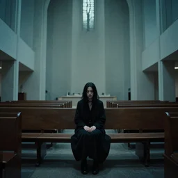 girl sitting alone in a modern architecture church, music video still, mysterious, sad, depressing, ominous, by chris cunningham, detailed, bjork music video, tool music video, aphex twin music video