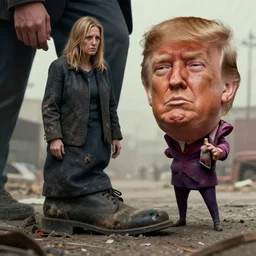 fantasy art 4 k ultra detailed photo caricature of trump crushing liz cheney under foot who is a homeless dirty diseased skid row poor