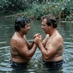 7 0 s film still from a horror movie about a baptism in a river, kodachrome, cinecolor, cinestill, film grain, film texture, retro, cinematic, high resolution, photorealism,