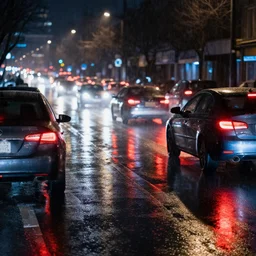 cars driving through a city at night, long exposure, taillights, rain, wet street, reflections, abstract realism