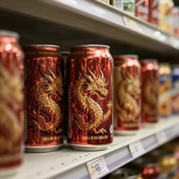 soft drink cans with dragon blood pictures, on supermarket shelves,