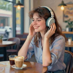 a young woman smiling while listening to music in a coffee shop, impressionist style, 4 k,