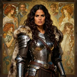 portrait of Salma Hayek  as a surly and determined female barbarian clothed in STEEL  armor and a FUR cloak, neutral expression, by Greg Rutkowski and John Collier and Krenz Cushart and Artem Demura and Alphonse Mucha and Albert Aublet, as seen on ArtStation, 4k, dungeons and dragons, very aesthetic, very detailed, intricate, unreal, fantasy, dramatic, painterly, artstation, sharp focus, smooth