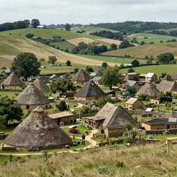 realistic photo of a town, settlement, buildings, detailed scenery, neolithic time period