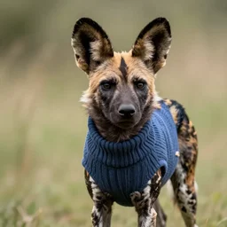 An African wild dog wearing a sweater.