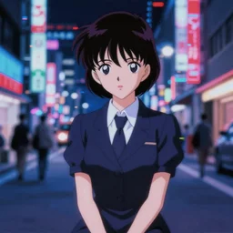 blurry and dreamy screencap of a character from 8 0 s horror anime, woman with short hair and black eyes wearing dress suit with tie, satoshi kon anime, character design by yoshitaka amano and junji ito, glitchy vhs tape, streets of night tokyo in the background, perfect blue color palette, noisy film grain effect, blurry image