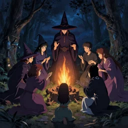 poster by michael whelan and tomer hanuka, witches performing a ritual at night, full of details, by makoto shinkai and thomas kinkade, matte painting, trending on artstation and unreal engine