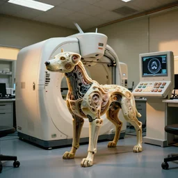 a mri 3 d printer machine and control panels in the laboratory inspection room making a cybernetic symbiosis, cybernetic mech cyberpunk dog, organic ceramic fractal forms, golden hour lighting, film still from the movie directed by denis villeneuve with art direction by wayne barlowe and salvador dali, wide lens, f 3 2,