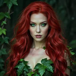 sexy poison ivy, 8 k, hyperrealistic, asian hyperdetailed, beautiful face, long red hair, green eyes, dark fantasy, fantasy portrait by laura sava, ivy