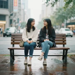 two happy best friends sit on a bench in cosmic city, wet ground, reflection, diffuze light, fuzzy, dream like