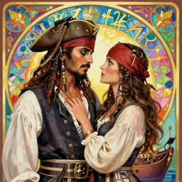 fully clothed handsome pirate couple on a pirate ship. love. eyes. talented art nouveau. colorful, bright, ornate detailed background
