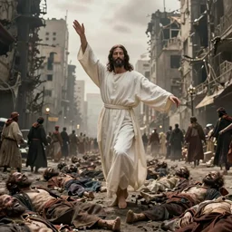 1 jesus christ in a white robe strikes a dramatic dance pose on dead laughing bodies in streets of an apocalyptic metropolis destroyed after war, fantasy art, dramatic lighting, insane details