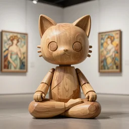 8k photorealistic detailed unreal engine ,a wooden sculpture art toys on feet very cute robot with cat ears ,zen méditation , a contemporary art gallery art  , sculpture by Alphonse Mucha