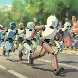 running robots in a marathon, digital painting, illustration by artgerm and greg rutkowski and studio ghibli, artstation