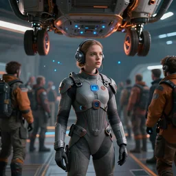girl in the sci - fi suit, people crowd, spaceport, landing gear, gray colour 7 0 %, orange colour 1 0 %, blue glowing point lights 2 0 %, avatar, cinematic keyframe. by fausto de martini, wadim kashin. ultra realistic, cinematic light, ue 5, featured on artstation, octane render, sharp focus, ray tracing, artstationhq, cgsociety, cinematic 8 k