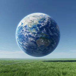 Centered blue earth-like planet covered in clouds seen above green grassfield on an alien world, cinematic perspective, daylight, cinematic lighting, blue sky, detailed, 4k, Artstation