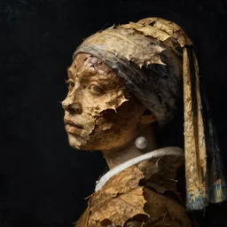 a woman's face in profile, made of dead leaves, in the style of the dutch masters and gregory crewdson, dark and moody
