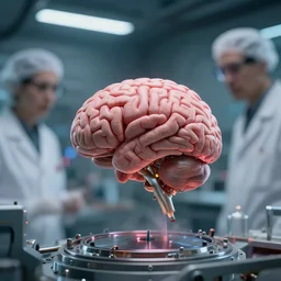 extraterrestrial scientists creating an artificial human brain in their spaceship lab, hyper realistic, highly detailed, sharp focus, depth of field, sci - fi