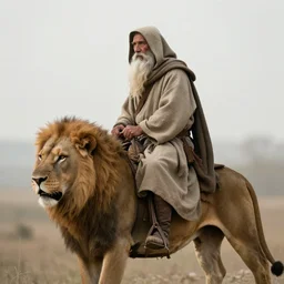old man ( wise long white beard wearing a hooded tunic ) riding on lions back