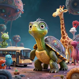 a strange bird turtle giraffe mr bean chimera creature with scales and feathers waiting for the bus with other monsters, on an alien planet, platonic forms, in the style of shaun tan, sam shearon, dr seuss, leng jun, close up, glossy, beautiful, fantastic, wonderful, science fiction, dramatic lighting, fractal background, 3 d sculpture 8 k octane render