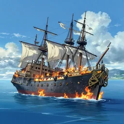 Wallpaper anime blue water, sinking victorian ship on fire, far away, landscape, gorgeous scenery, Cushart Krenz, Shinkai Makoto, by Lluluchwan, lots of details, highly detailed, 4k
