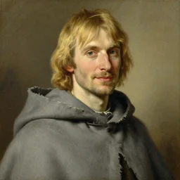 a man aged 4 0 with blonde hair and hazel eyes and a friendly expression. he is wearing a tattered grey cloak. portrait painting by artgerm and greg rutkowski and alphonse mucha.