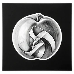 ornately drawn image of a peach on black paper, black and white, by m c escher and moebius