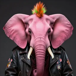 A photo of an elephant with pink skin and a piercing in his trunk and his ears, wearing a orange green mohawk and a leather jacket on which a mouse is printed. photograph of a pink elephant, film still, insane detail, Hyperrealism, intricate, highly detailed, Zeiss Lens, DSLR photography, smooth, sharp focus, Unreal Engine 5, Octane Render, Redshift, 8K