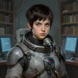 an epic fantasy comic book style portrait painting of a young dark haired girl with a pixie cut and breathing apparatus wearing a grey spacesuit, standing in front of a computer library, intelligent face, sci - fi, intricate, elegant, highly detailed, digital painting, artstation, concept art, matte, sharp focus, illustration, art by artgerm and greg rutkowski and jim burns