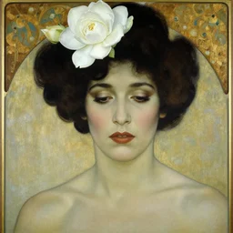 Heart breaking portrait of billie holiday, large white gardenia in her hairs, billy holiday by gustav klimt and Alphonse Mucha in the style of art nouveau, melancholic, sad, minimalism, masterpiece