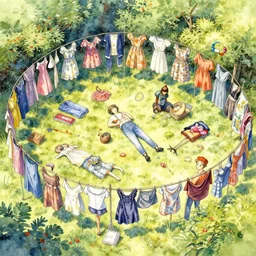 a beautiful insanely intricate watercolor illustration of a clothes spread out in the yard, colorfull, by william turner art, by greg rutkowski, by james jean, by rossdraws, by frank franzzeta, by sakimichan, by edmund dulac, trending on artstation, insanely detailed, masterpiece,
