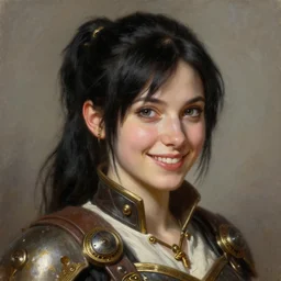 a _ fantasy _ style _ portrait _ painting _ of woman, ponytail black hair, smile, round face, steampunk rpg dnd oil _ painting _ unreal _ 5 _ daz. _ rpg _ portrait _ extremely _ detailed _ artgerm _ greg _ rutkowski _ greg