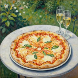 Picasso painting of a pizza magaritha on a garden table