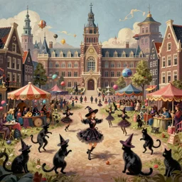 A bustling magical town, witches and black cats are dancing around a colorful music festival, the large academy of magic and science can be seen towering in the distance, inspired by Victorian England and Amsterdam, highly detailed, digital painting, artstation, concept art, matte painting