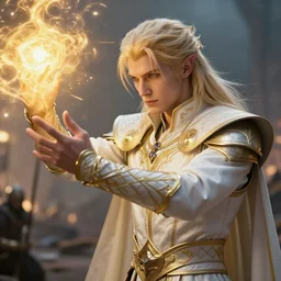 halo masterpiece Greg Rutkowski closeup of an aasimar man with platinum blonde hair wearing white and gold vestments under armor casting a holy ritual with golden magic on a battlefield, detailed, dynamic pose realistic, 4k, pensive, dungeons and dragons, dramatic lighting, trending on Artstation, sharp focus, elegant