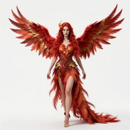 red-haired phoenix rising, photorealistic portrait photography, full body, standing, isolated on a pure white background, centered, whole figure in frame, sharp focus, studio lighting
