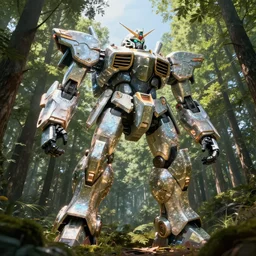 an enormous mecha robot abandoned in a forest. glowing. glittering. reflective. sunny day. matte painting. epic. highly detailed. volumetric lighting. ray tracing hdr. trending on cgsociety. simon stalenhag jeremy lipkin marc simonetti and ayami kojima. ultra wideshot. worm's eye view.