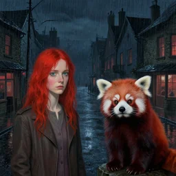 a highly detailed epic cinematic concept art cg render digital painting artwork : dark rainy night scene in town, red hair girl and red panda. by greg rutkowski, in the style of francis bacon and syd mead and norman rockwell and beksinski, painted by francis bacon and edward hopper, surrealism, airbrush, stanley artgerm, very coherent, triadic color scheme, art by takato yamamoto and james jean