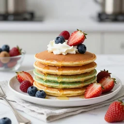 realistic photo of rainbow pancakes with fruits, whipped cream, glass, white kitchen table, cloth, marble, highly detailed, by louise lister, sara ali, mary devinat, kailee mandel, sharp focus, masterpiece, award winning, elegant, instagram, high quality food photography