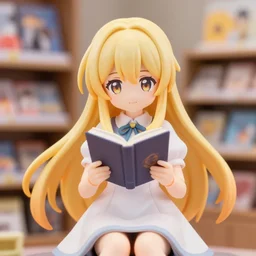 portrait of a blonde nendoroid anime girl with long hair, in a cute dress, reading a book, nicoletta ceccoli, mark ryden, lostfish, max fleischer, depth of field, detailed store environment as background, 8 k resolution, hyperrealistic, octane render