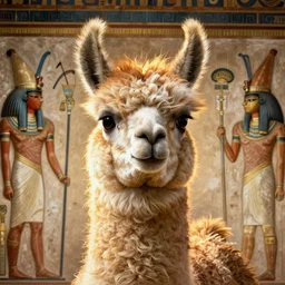 Art of the Ancient Egyptians, Llama portrait in the style of traditional Egyptian wall painting. gods and goddesses of Ancient Egypt, llama head